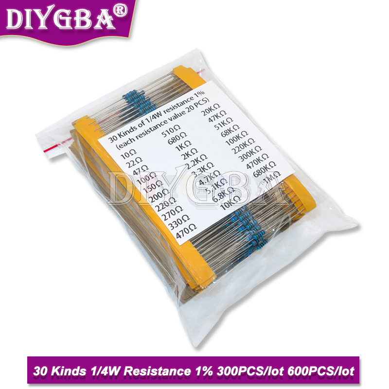 Resistor Kit 1 4W - ชุดตัวต้านทานฟิล์มโลหะ30ชนิด1/4วัตต์ชิ้น/เซ็ตชุดตัวต้านทาน1K 10K 100K 220ohm ตัวต้านทาน1M (300ชิ้น600ชิ้น)