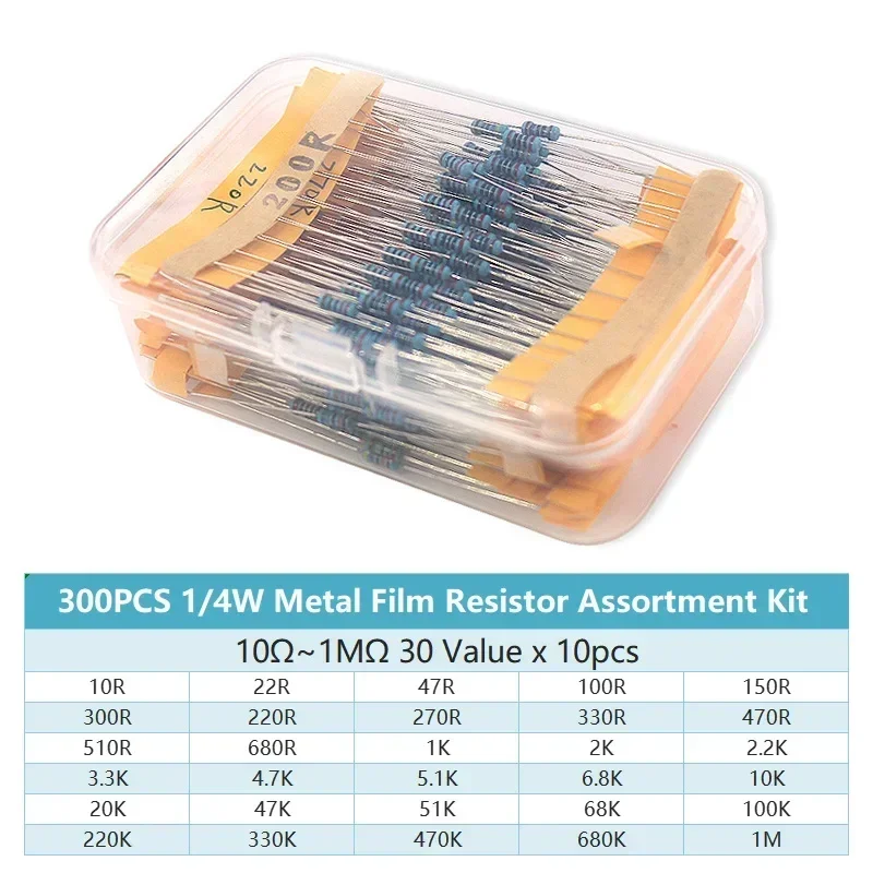 Resistor Kit 1 4W - 300/600PCS 30 ค่า 1/4W ตัวต้านทานฟิล์มโลหะชุดกล่อง 10Ohm