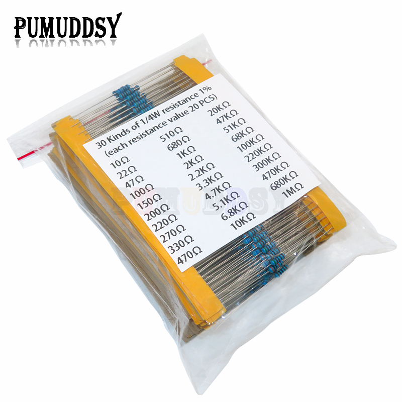 Resistor Kit 1 4W - 600 ชิ้น/เซ็ต 30 ชนิด 1/4W ความต้านทาน
