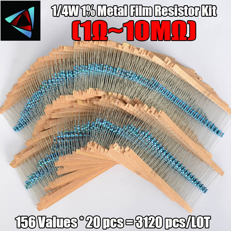 Resistor Kit 1 4W - 3120Pcs 156ค่าไฟฟ้าหน่วย1/4W ตัวต้านทานฟิล์มโลหะชุด1R-10M ความอดทน1% ชุด1ohm-10Mohm ตัวอย่าง